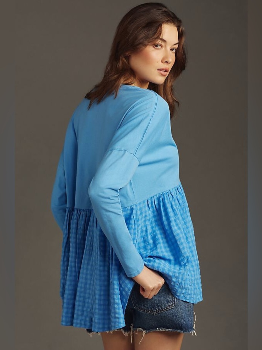 Pilcro Anthropologie Long-Sleeve Babydoll Blouse Gingham Blue Size XL - Picture 2 of 8